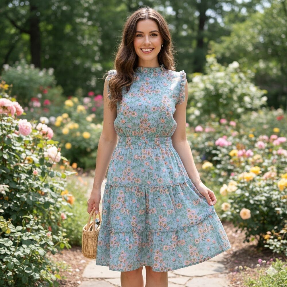 EUC Roller Rabbit x Erica Wilson Nantucket Tiered Floral Midi Dress Size SMALL
